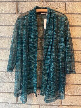 Chicos Metallic Checks Aquatic 3/4 Sleeve Sheer Jacket Size 2